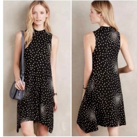 Anthropologie Maeve Lilt Polka Dot Black Cream Mock Neck Swing Dress Size Small - Picture 1 of 11